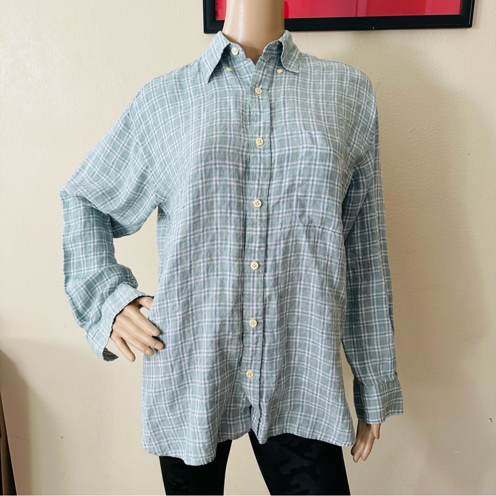 J Crew Blue Plaid 100% Linen oversized Sz XS